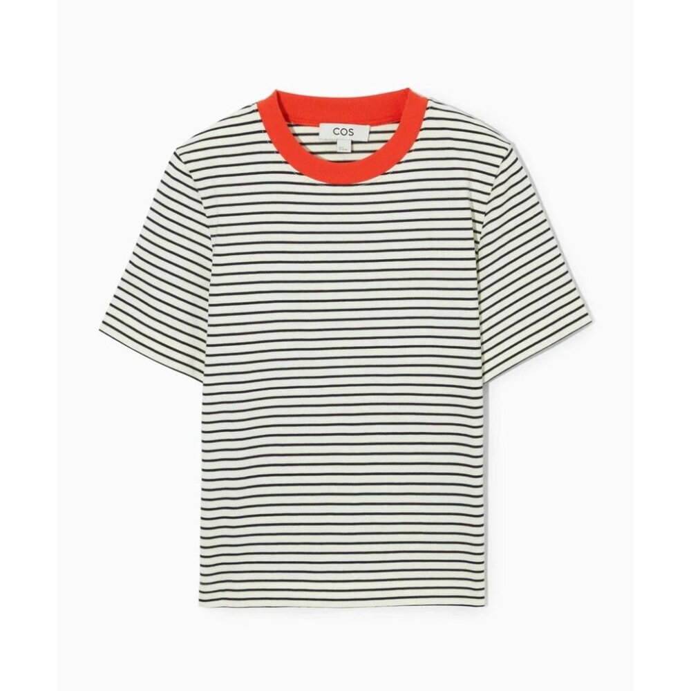 COS - Short Sleeve T-shirt - Black and White Stripes w/Orange